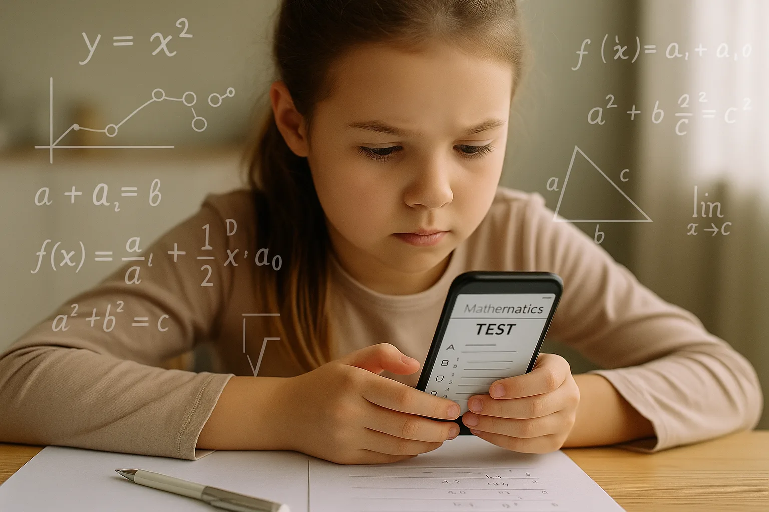 школьница сосредоточена на онлайн-тесте по математике